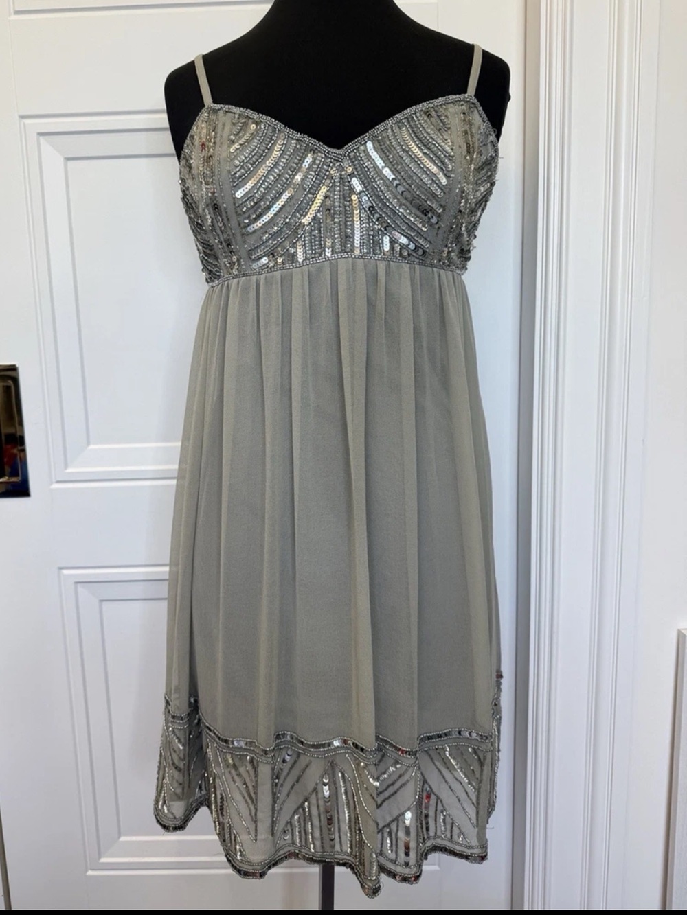 Y2K Angie Silky 2000s Gray Beaded Sequin Babydoll Dress Small Indie Sleaze
